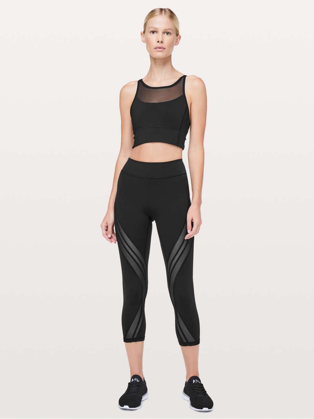 Lululemon Never Still 21” Black High Rise Cropped Leggings/Diagonal Mesh Panels